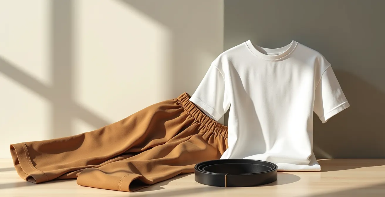 Nahaufnahme einer Styling-Komposition: Eine hochwertige Vintage-Schlaghose aus den 1970ern in gedecktem Camel-Ton liegt auf einem minimalistischen modernen Designtisch. Daneben: ein ultra-modernes, cleanes weißes T-Shirt aus Bio-Baumwolle und ein schwarzer Gürtel mit minimalistischer Schnalle. Das Bild zeigt den absichtlichen Kontrast zwischen nostalgischer Schnittform und zeitgenössischer Ästhetik.