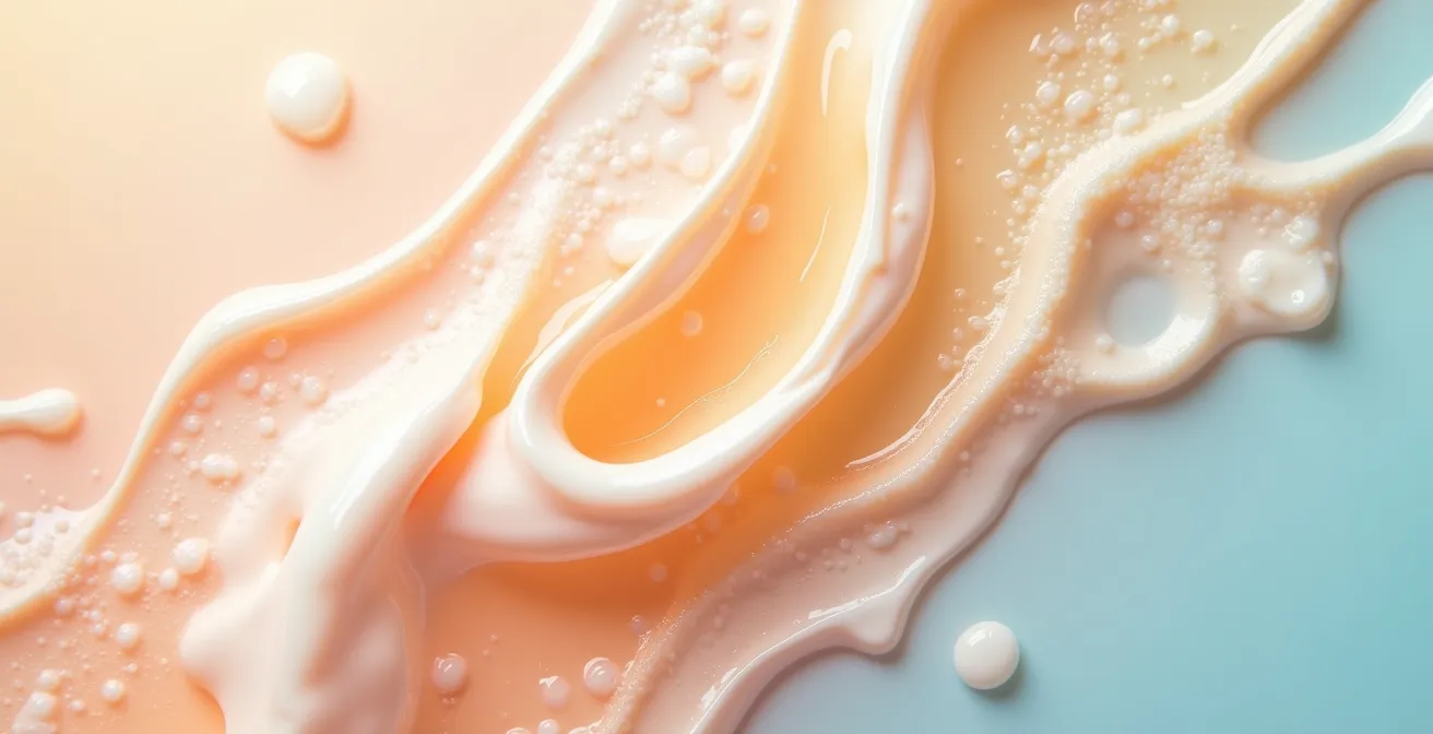 Mikroskopische Ansicht verschiedener Alkoholmoleküle in Kosmetikprodukten, die den Unterschied zwischen pflegenden und austrocknenden Typen zeigt.