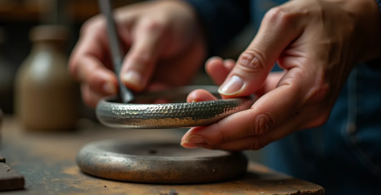 Detailaufnahme von Händen, die einen Armreif anpassen in einer Goldschmiedwerkstatt