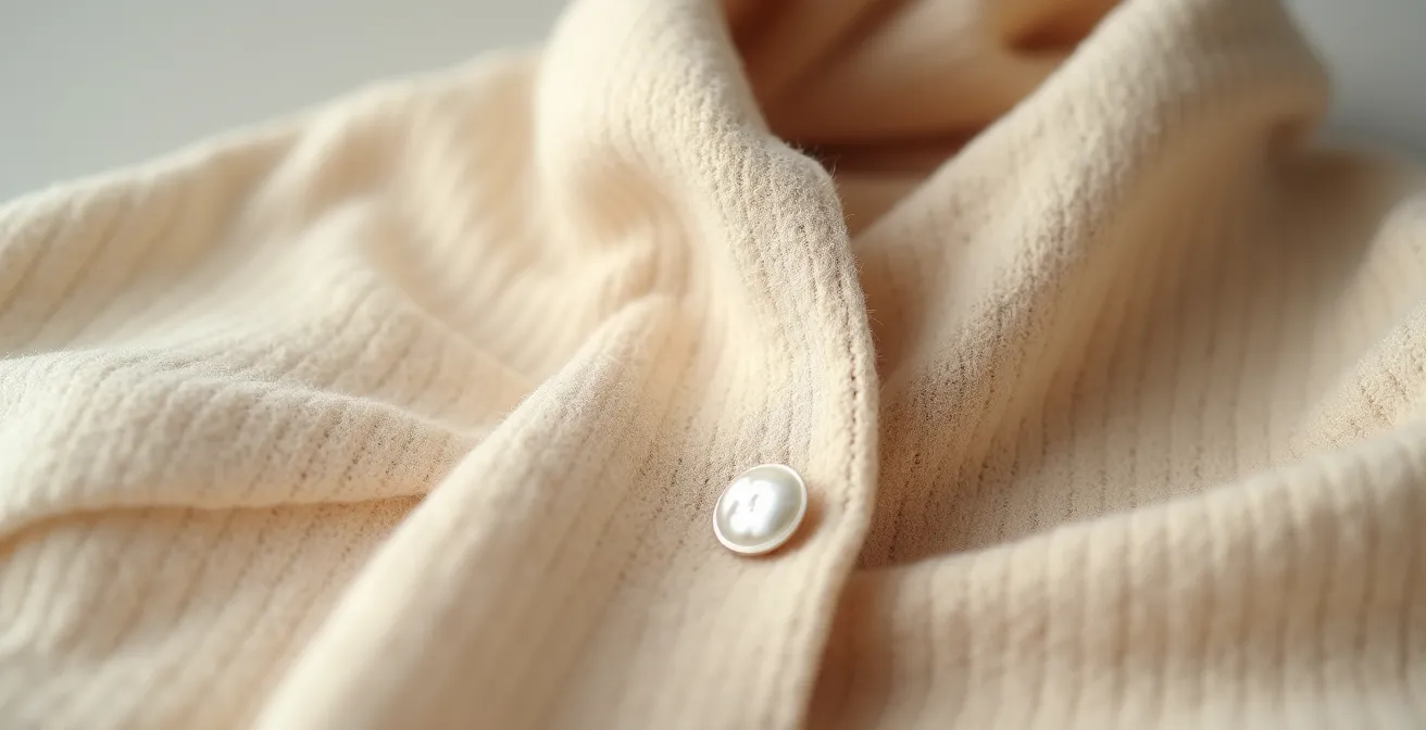 Nahaufnahme einer elegant drapierten Kaschmirbluse in Beige, die feine Texturen und Qualität zeigt, mit subtilen Details wie Perlmuttknöpfen und seidiger Oberflächenbeschaffenheit