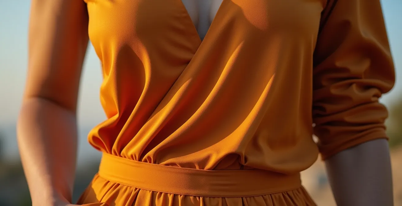 Detaillierte Nahaufnahme eines Kleidungsstücks mit asymmetrischem Schnitt, gebalanciert durch klassische Accessoires