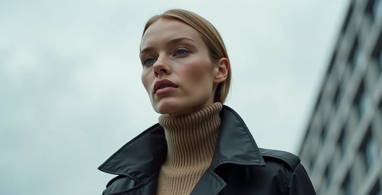 Eine Model trägt einen futuristischen Trenchcoat aus technischen Materialien mit geometrischen Nähten, kombiniert mit elegantem Kaschmir, vor grauem Himmel und moderner Architektur.