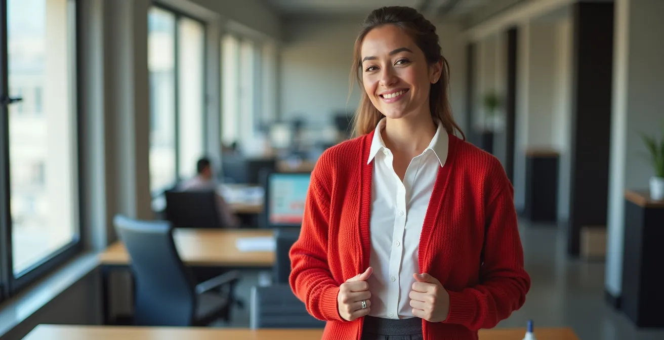 Büro-Outfit mit einer auffälligen roten Statement-Strickjacke, kombiniert mit einer weißen Bluse und einer dunklen Hose als neutrale Basics.