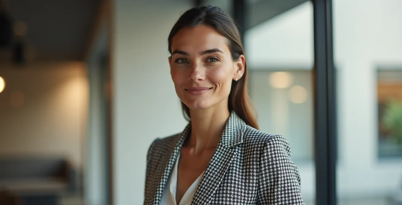 Professionelle Geschäftsperson in eleganter Kleidung mit subtlem geometrischen Muster, modernes Büro-Setting mit Architektur