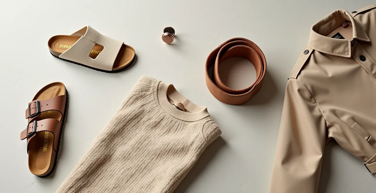 Stillleben-Komposition deutscher Klassiker: Birkenstock-Sandale, Wollpullover von hessnatur, hochwertiger Trenchcoat, minimalistisches Schmuckstück aus Pforzheim - alle auf neutralem Hintergrund mit Fokus auf Verarbeitung