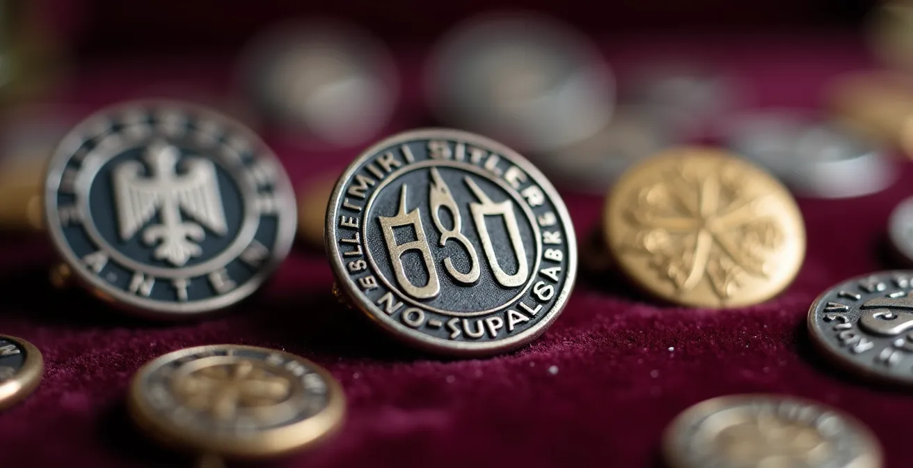 Detailaufnahme verschiedener deutscher Punzen und Stempel auf antiken Broschen