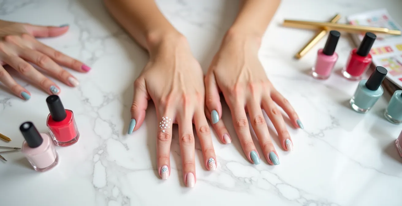 Drei Hände zeigen verschiedene einfache Nageldesign-Techniken: Punktmuster, geometrische Linien und Ombré-Farbverlauf