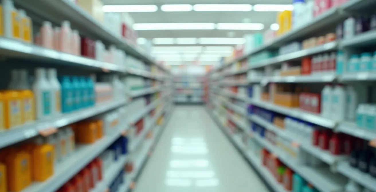 Verschwommene Aufnahme von Haarpflegeprodukten im Drogerieregal