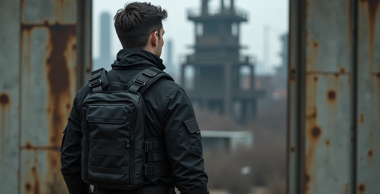 Eine Person in dunkler, funktionaler Techwear steht vor einer verwitterten Industriearchitektur, die an das Ruhrgebiet erinnert.