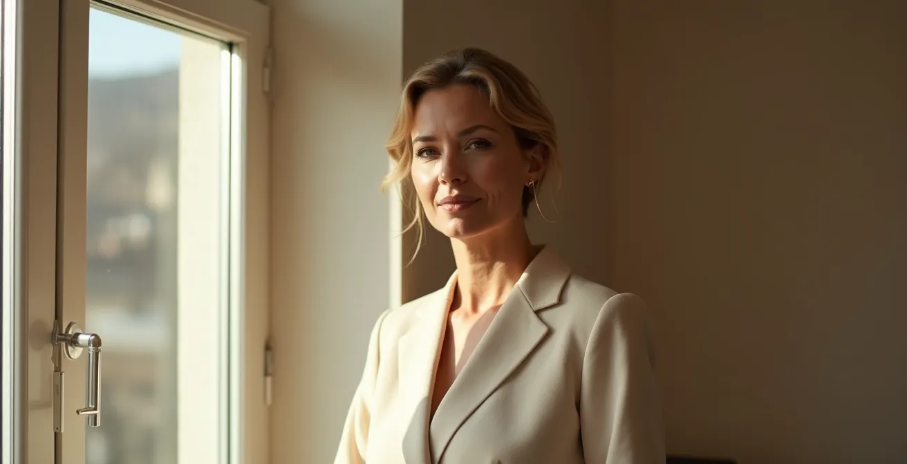 Eine Frau mittlerer Alter in minimalem, gut geschnittenem Outfit steht selbstbewusst in natürlichem Licht. Ihre Kleidung folgt klaren Linien und zeigt raffinierte Simplizität mit hochwertigem, deutschem Design. Die Komposition folgt der Regel der Drittel mit subtilen Texturen und tastilen Details.