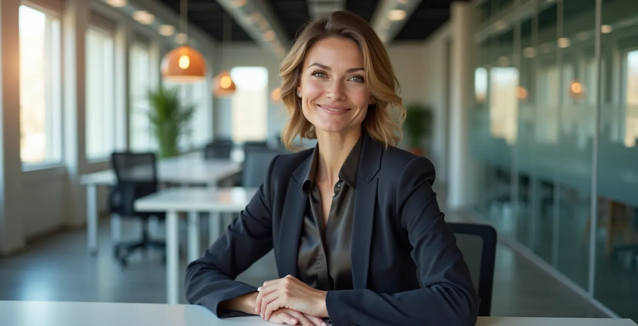 Professionelle Geschäftsfrau in elegantem Bürooutfit mit Blazer und hochwertigem Stoff, sitzt selbstbewusst an einem modernen Arbeitsplatz, natürliches Licht, minimalistische Büroumgebung