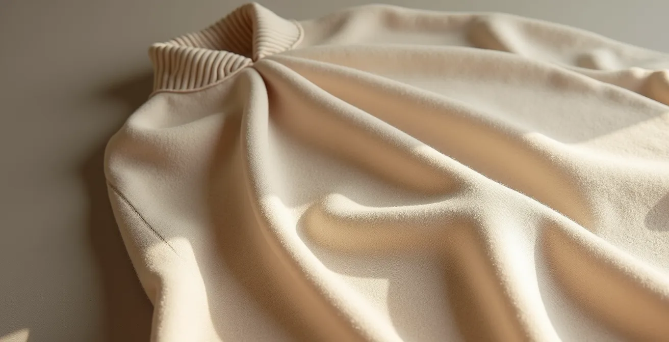 Ein sorgfältig drapiertes, hochwertiges Wollkleidungsstück auf einem minimalistischen Hintergrund, das zeitlose Eleganz und handwerkliche Perfektion ausstrahlt.