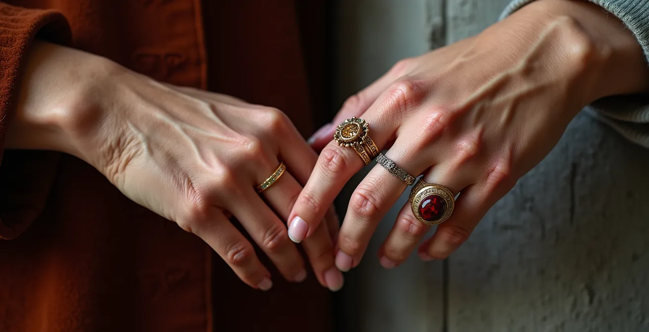 Elegante Hand mit traditionellem Biedermeier-Ring kombiniert mit modernen minimalistischen Ringen