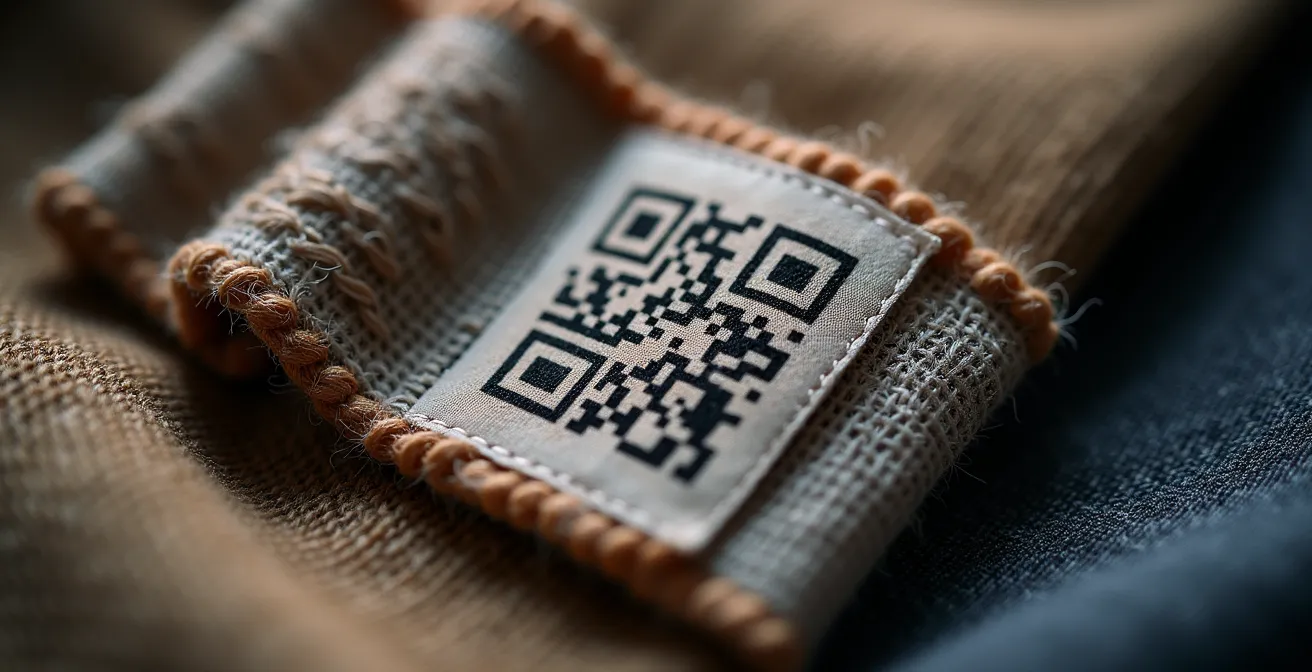Ein QR-Code auf einem eleganten Kleidungsetikett, fotografiert von oben mit Makro-Details, zeigt die Textur des Stoffes und die minimalistischen Etiketten ohne lesbare Aufdrucke. Helles, weiches Licht.