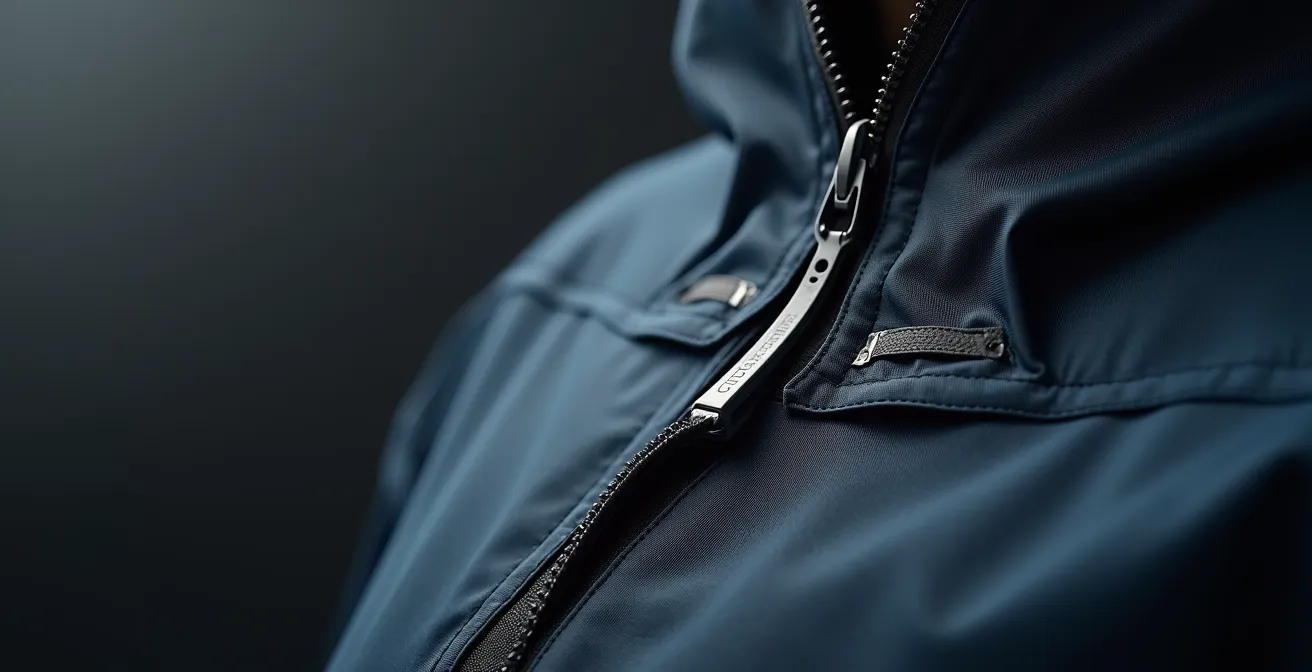 Eine detaillierte Nahaufnahme einer technischen Jacke mit sichtbaren verschweißten Nähten, magnetischen Verschlüssen und lasergeschnittenen Details in monochromen Farben. Minimalistisches urbanes Design.