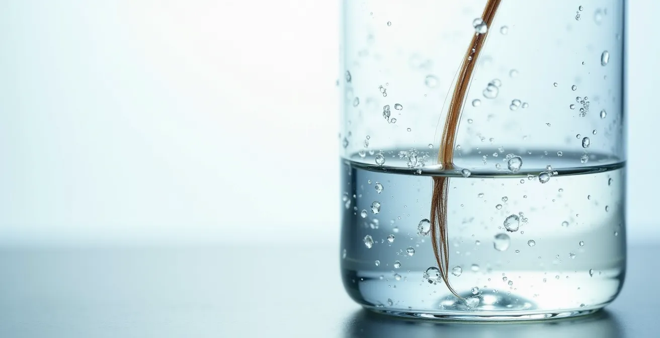 Makroaufnahme eines Haares im Wasserglas zeigt Luftblasen und Schuppenschicht