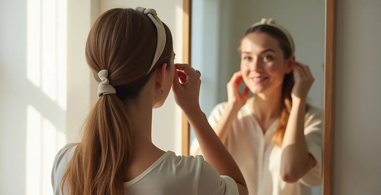 Eine Frau an ihrem Schminktisch, die ihre herauswachsende Frisur mit verschiedenen Haar-Accessoires wie Spangen und Haarbändern stylt.