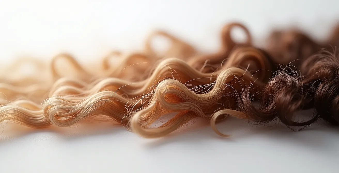 Nahaufnahme verschiedener Haarstrukturen und Texturen, die feines, gewelltes und lockiges Haar nebeneinander zeigen.