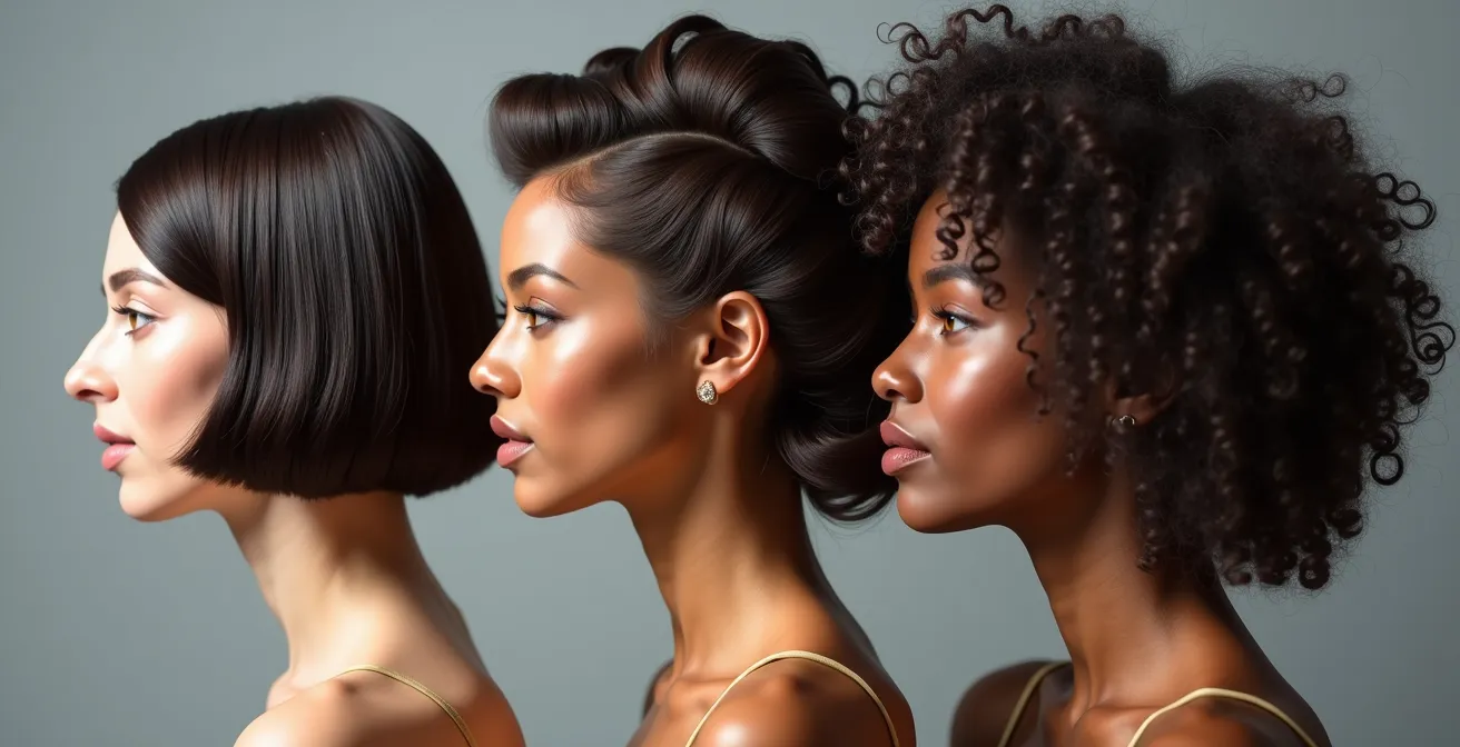 Drei weibliche Köpfe nebeneinander, zeigt unterschiedliche Haarstrukturen (fein, dick, lockig) mit passenden Vintage-Frisuren und wie moderne zeitgenössische Frisuren einen Retro-Look ins Jahr 2024 verschieben