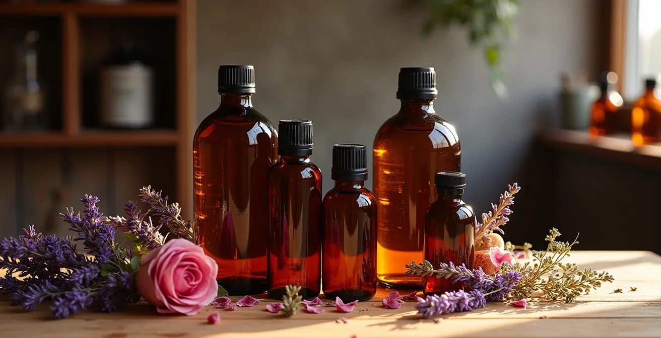 Verschiedene dunkle Glasflaschen mit Körperölen und natürlichen Zutaten arrangiert