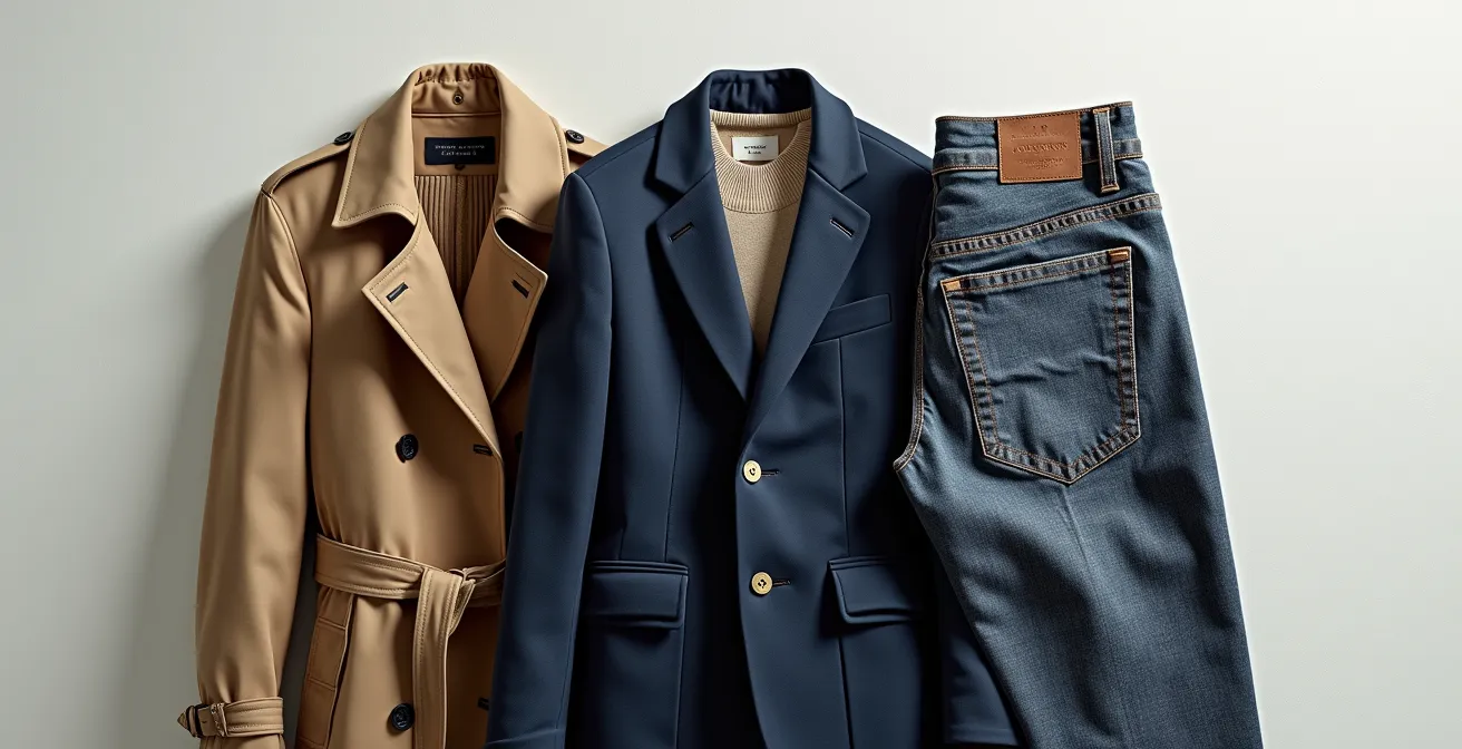 Eine Kollektion von fünf ikonischen Kleidungsstücken in subtilen, authentischen Textilien, arrangiert, um ihre Form und handwerkliche Qualität hervorzuheben.