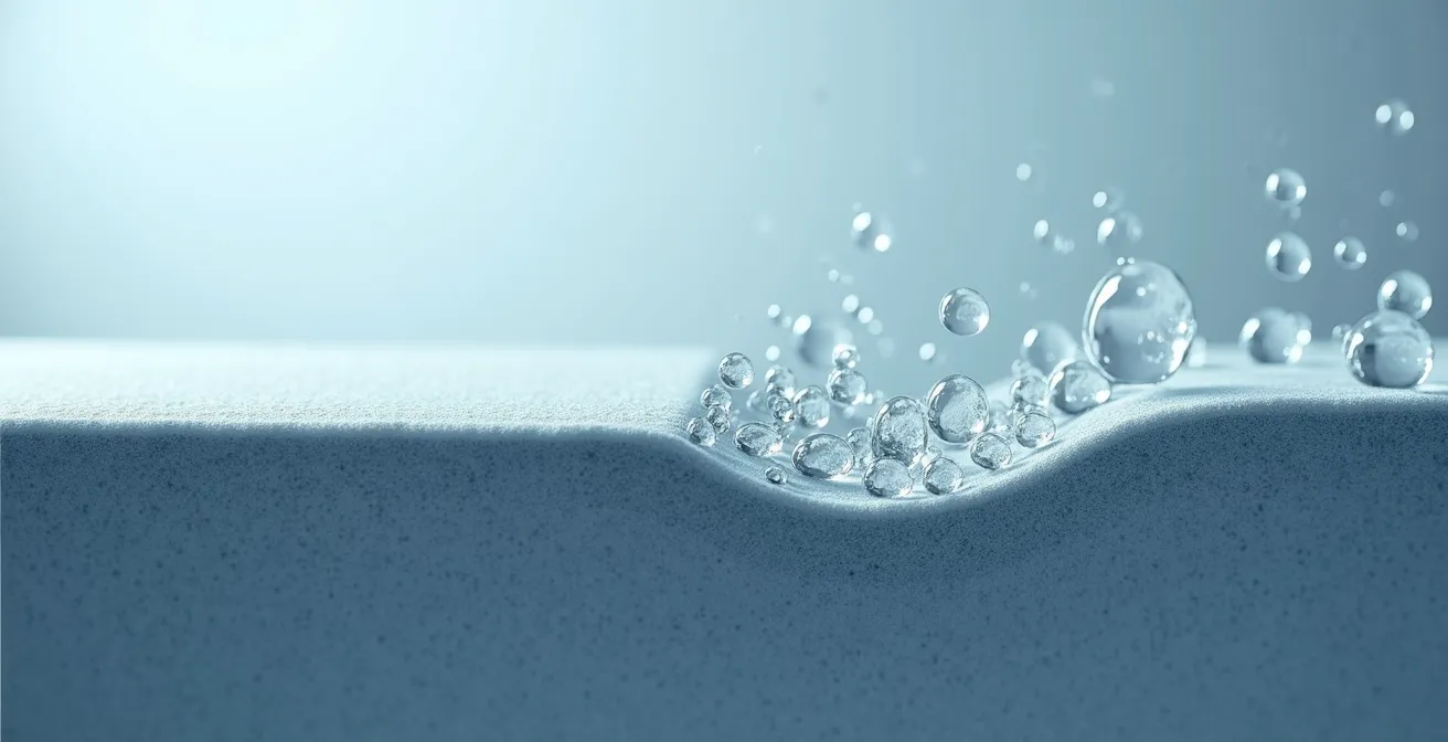 Mikroskopischer Querschnitt einer Stoffoberfläche, der den Unterschied vor und nach der Nachimprägnierung und den Abperleffekt von Wassertropfen zeigt.