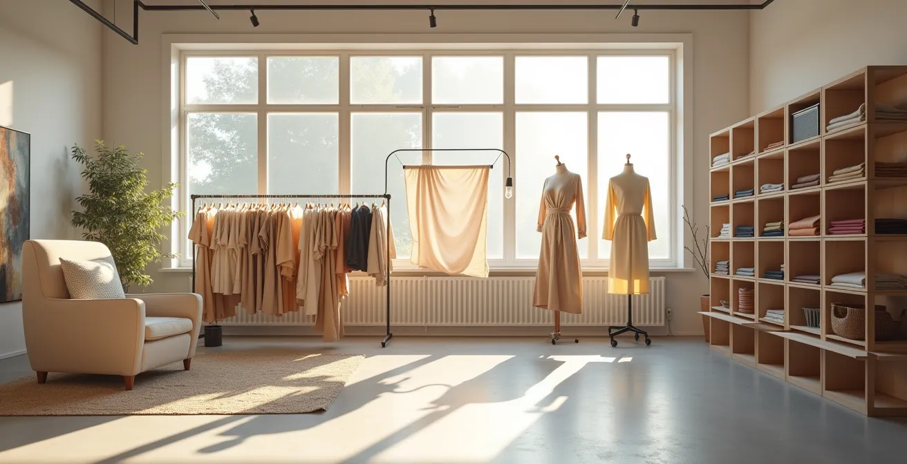 Eine Designer-Werkstatt in Berlin mit modernen Webmaschinen, where innovative Stoffe in verschiedenen Texturen und Farben an Schneidern hängen, vor großen Fenstern mit Tageslicht. Minimalistisches deutsches Design-Ästhetik.