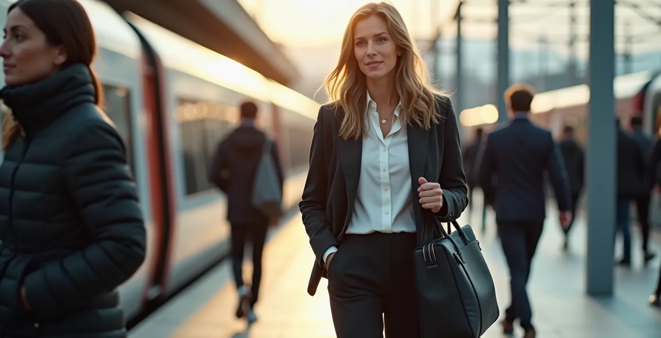 Eine Pendlerin in einem knitterfreien Tech-Outfit steigt aus der S-Bahn aus, trägt eine Funktionsjacke und elegante Hose, bereit für das Büro.