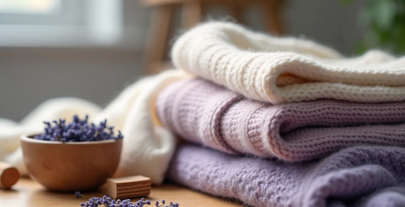 Sorgfältige Einlagerung von Kleidung in einem Vakuumbeutel mit natürlichen Mottenschutzmitteln wie Lavendelsäckchen und Zedernholzstücken.