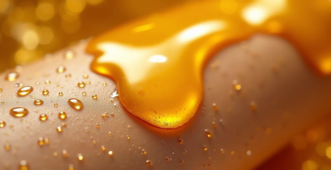 Nahaufnahme von goldenen Öltropfen auf feuchter Haut mit sichtbaren Wassertropfen