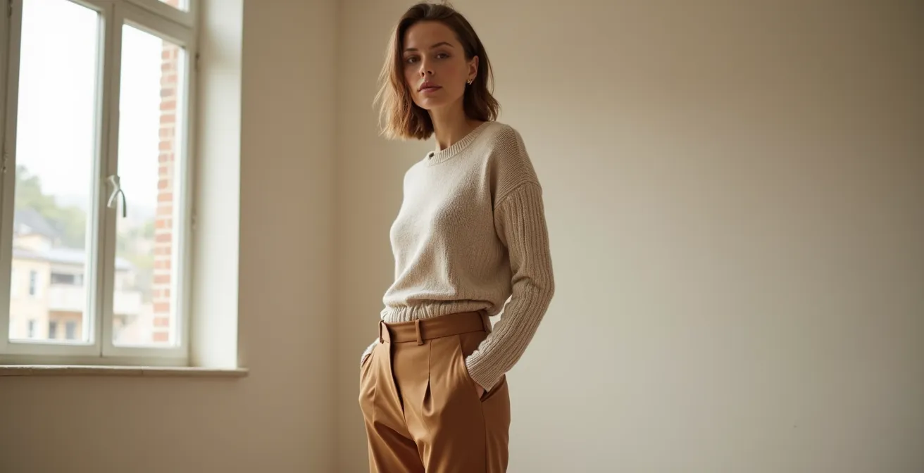 Eine Frau trägt einen eleganten Look aus weichem Strickoberteil und hochwertigen Materialien in Naturfarben, aufgewertet durch ein strukturiertes Accessoire.