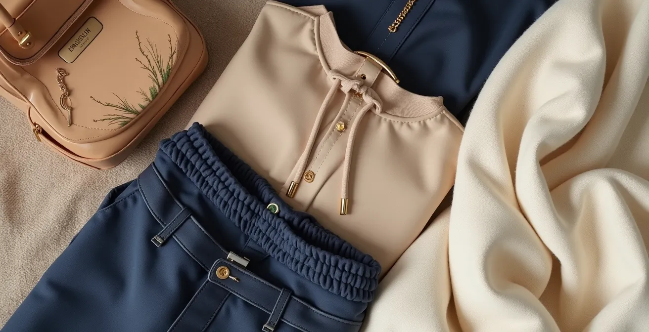 Detaillierte Nahaufnahme eines stilvoll zusammengestellten Outfits mit harmonischen Farben, verschiedenen Texturen und durchdachten Accessoires, die die Kunst der Mode-Komposition zeigen