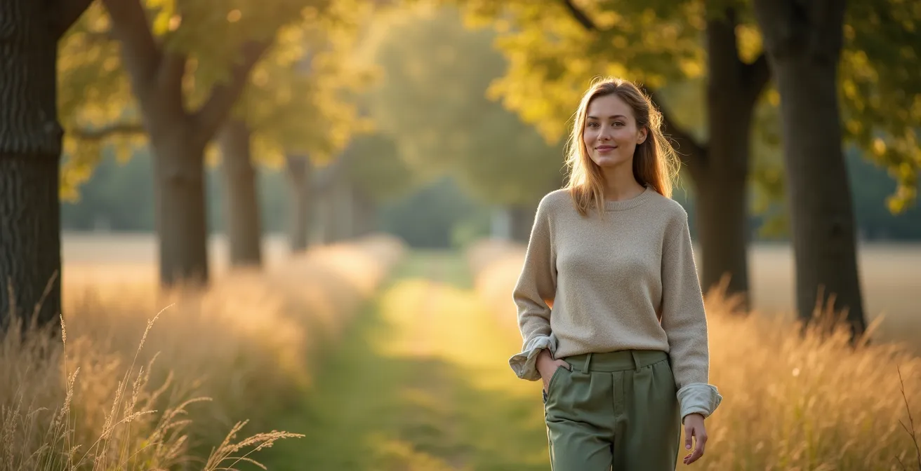 Stilvolles Wochenend-Outfit einer Frau mit eleganten und bequemen Kleidungsstücken in naturlichen Farbtönen