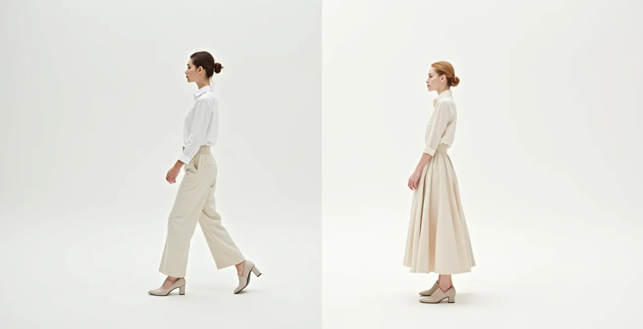 Nebeneinander-Vergleich von zwei Frauen unterschiedlicher Körpertypen, die traditionelle Retro-Schnitte tragen, zeigt wie dieselben Vintage-Schnitte bei verschiedenen Silhouetten unterschiedlich wirken