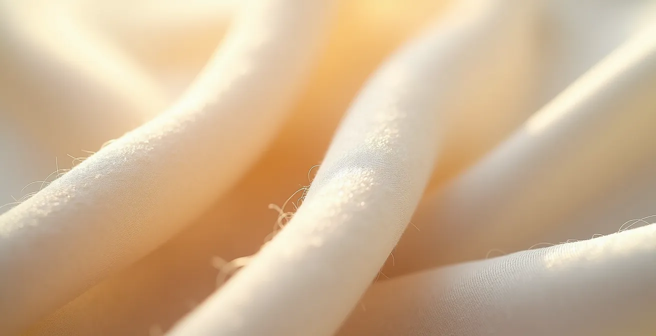 Extrem vergrößerte Nahaufnahme von drei verschiedenen edlen Stoffen: cremefarbenes Kaschmir mit hauchfeinen Fasern, schimmernde Seide, und feine Wollstruktur – alle in natürlichem Licht fotografiert