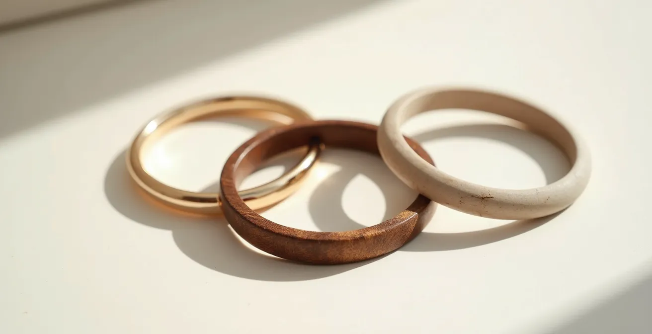 Stillleben verschiedener Armreif-Materialien mit unterschiedlichen Texturen und Oberflächen