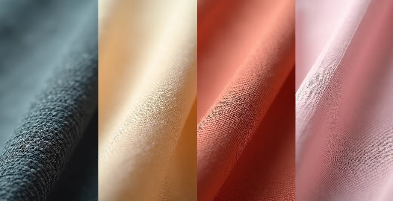 Detaillierte Makroaufnahmen verschiedener Stofftexturen: feiner Strick, weiches Jersey und Piqué-Struktur in extremer Nahaufnahme.