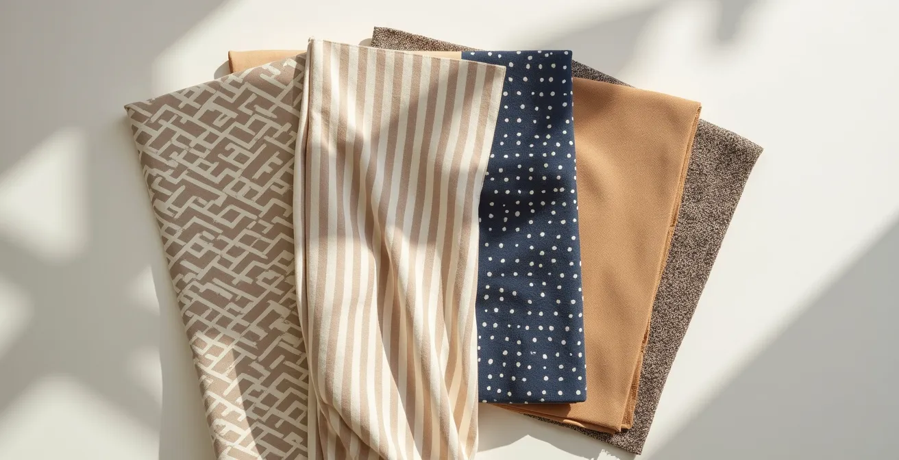 Visuelle Darstellung der Mustermix-Prinzipien: verschiedene Mustergrößen in harmonischen Farben übereinander angeordnet, um den Skalierungseffekt und die Rhythmus-Komposition zu zeigen