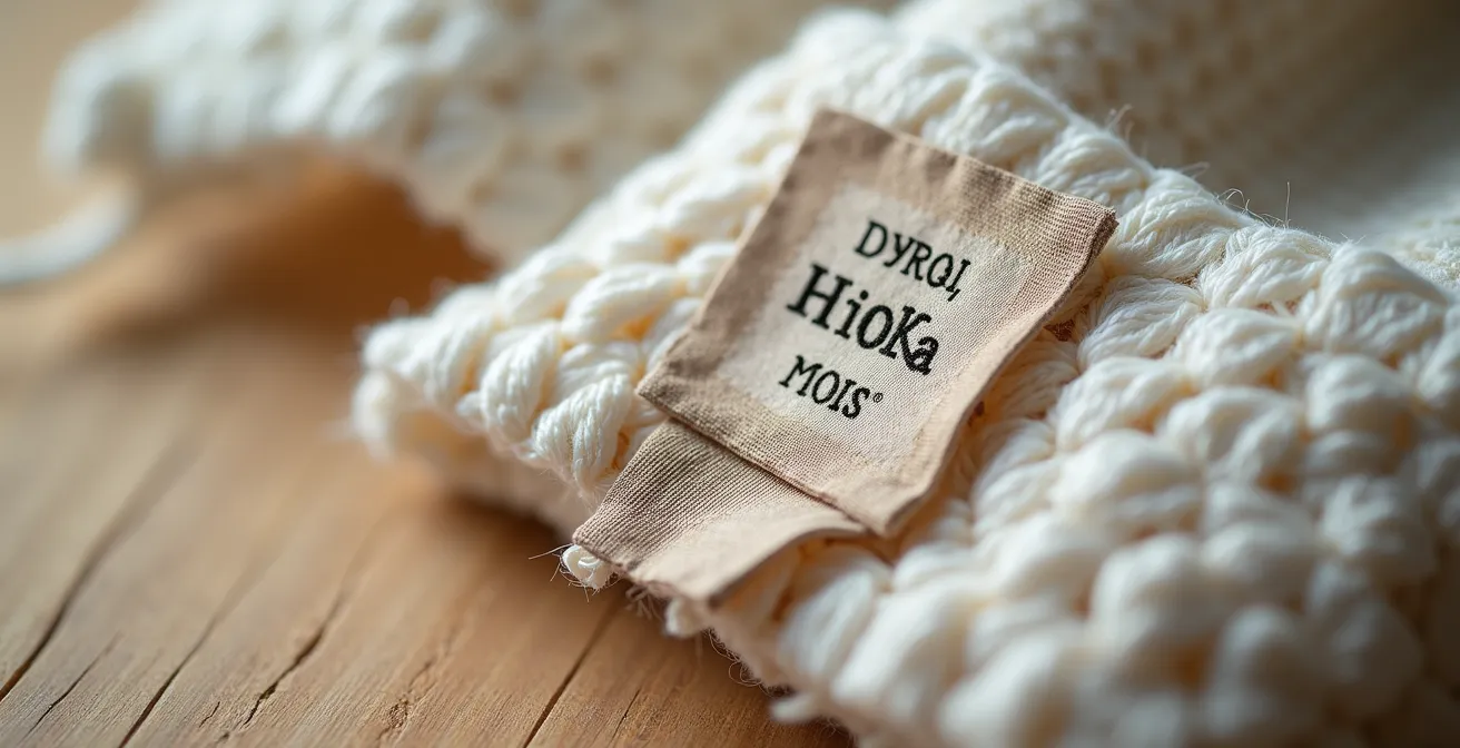 Nahaufnahme von Textilsiegeln wie Grüner Knopf und GOTS auf nachhaltiger Kleidung.