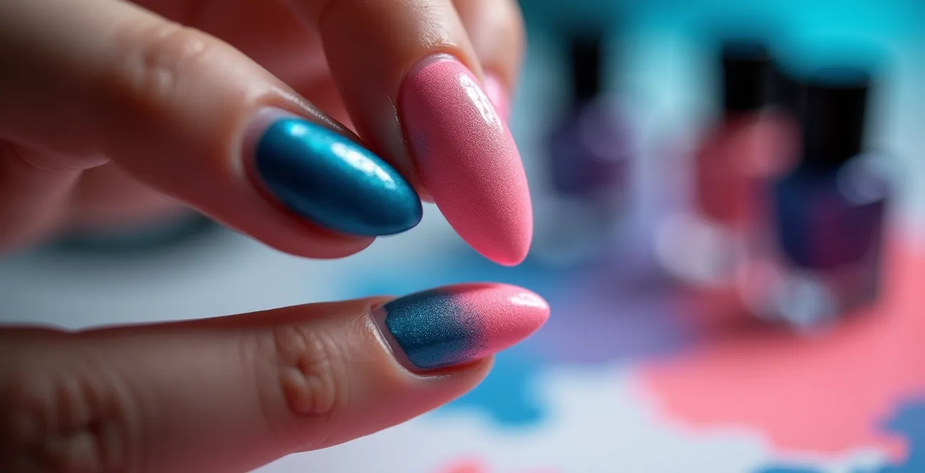 Detailaufnahme der Schwamm-Technik beim Auftragen eines Ombré-Farbverlaufs auf Fingernägeln