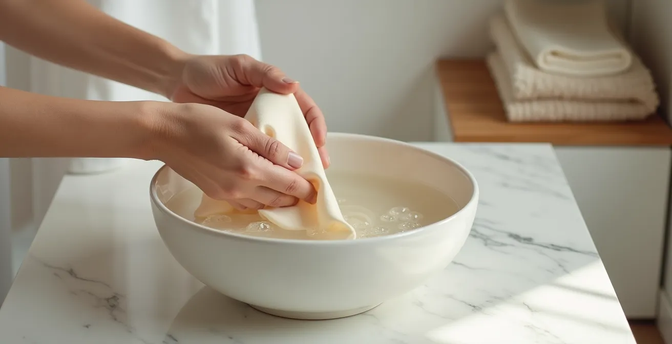 Sanfte Hände, die ein cremefarbenes Seidenstück über klarem Wasser halten, feine Wassertropfen glitzern, minimalistische nordische Badezimmer-Ästhetik
