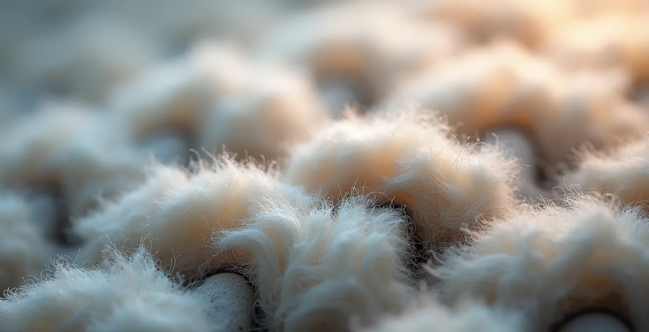 Vergrößerte Darstellung von Wollefasern mit entstehenden Pilling-Knötchen, die Reibung und natürliche Faserablösung zeigen.