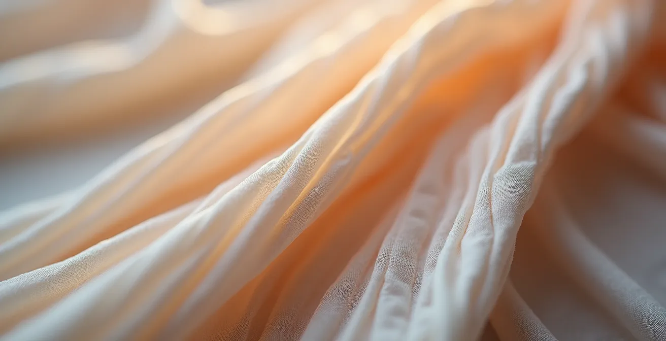 Makrofotografie von Plisséestoffen mit Licht- und Schatteneffekten, die die dynamische Oberflächenstruktur hervorhebt