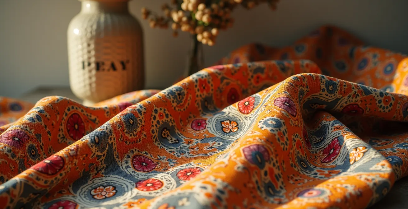 Nahaufnahme von farbenfrohen 70er-Jahre-Musterdetails auf eleganter Mode, mit Blumenprint und geometrischen Designs