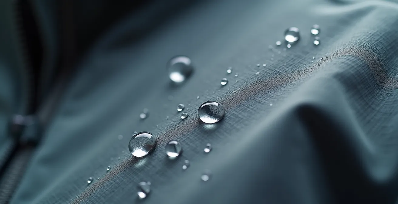 Hochwertige Regenjacke mit sichtbar abperlenden Wassertropfen in deutlichem Licht, die die Wasserdichtheit und moderne Funktionalität demonstriert.
