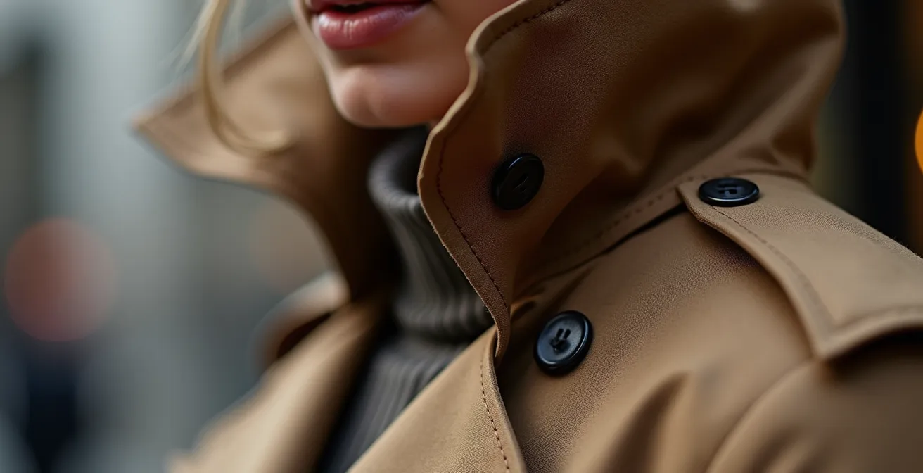 Stilisierte Detailaufnahme eines modernen Regenmantels mit Trenchcoat-Schnitt und urbaner Accessoires-Kombination