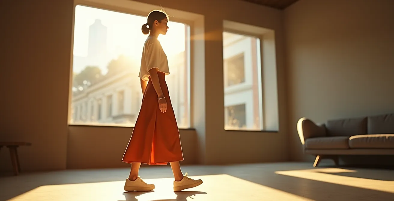 Elegante Frau in modernem Retro-Outfit mit Vintage-Schnitt und zeitgenössischen Accessoires, zeigt die Fusion von klassischer Mode mit aktuellem Design