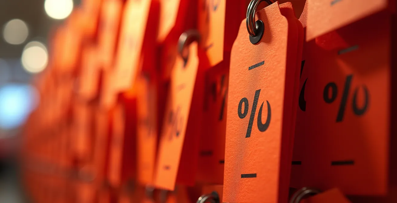 Nahaufnahme roter Sale-Schilder mit verschwommener Kundschaft