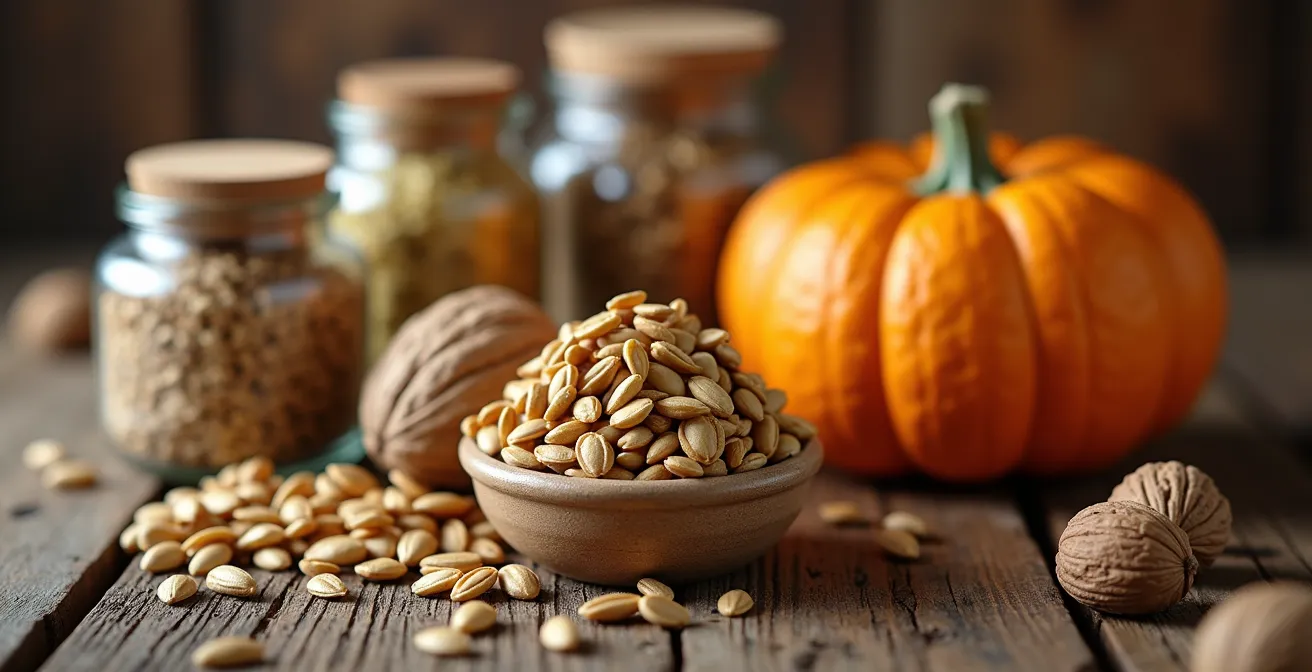 Nahaufnahme von regionalen deutschen Superfoods für Haargesundheit wie Walnüsse, Kürbiskerne und Leinsamen auf einer rustikalen Holzoberfläche.