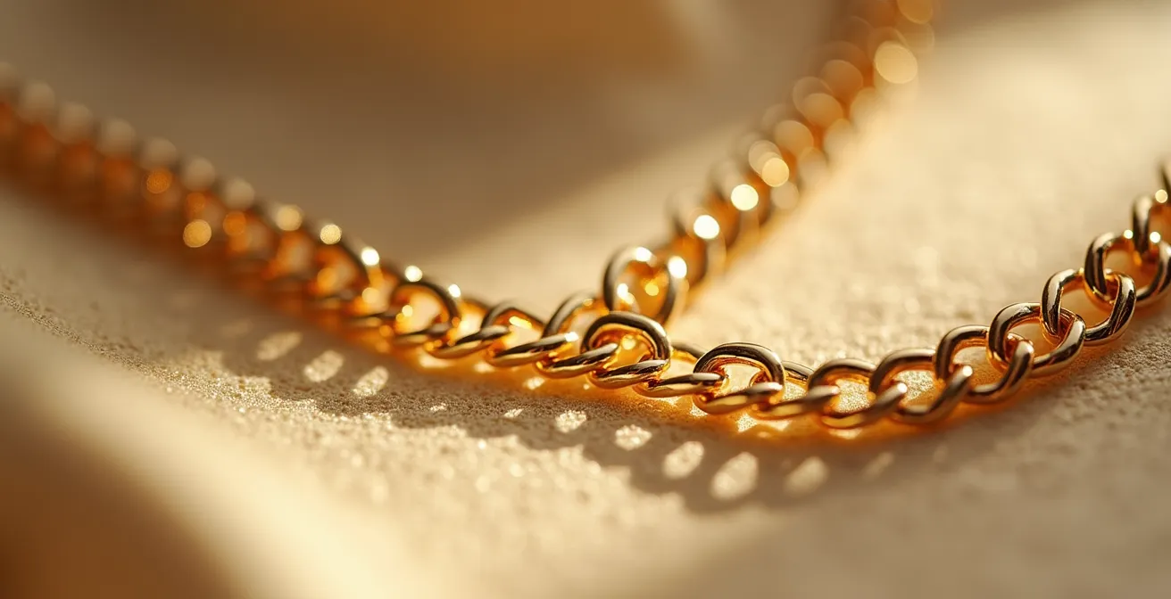 Nahaufnahme einer zarten Goldkette während der sanften Reinigung